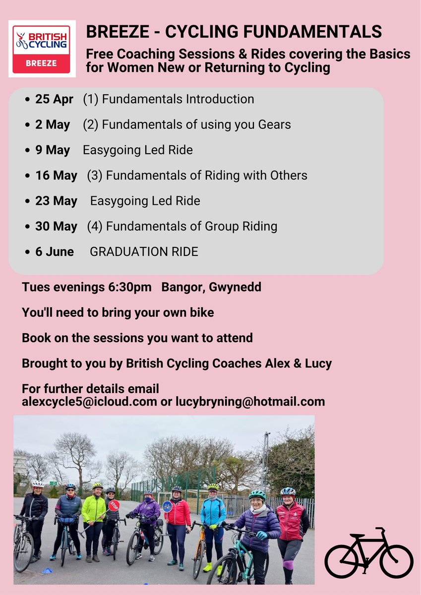 cyclealexa's tweet photo. Come and join us - last few places🚲🚴‍♀️🚵‍♀️
If you're new or returning to cycling  OR for brushing up  skills &amp; gaining confidence. Beginners and improvers welcome

Book all or any of the sessions👇
https://t.co/nQEqqJdgB1
@Yasmina__H @SustransCymru @LlesStaffBangor @YGGreenGroup https://t.co/cesXzQ2Flf