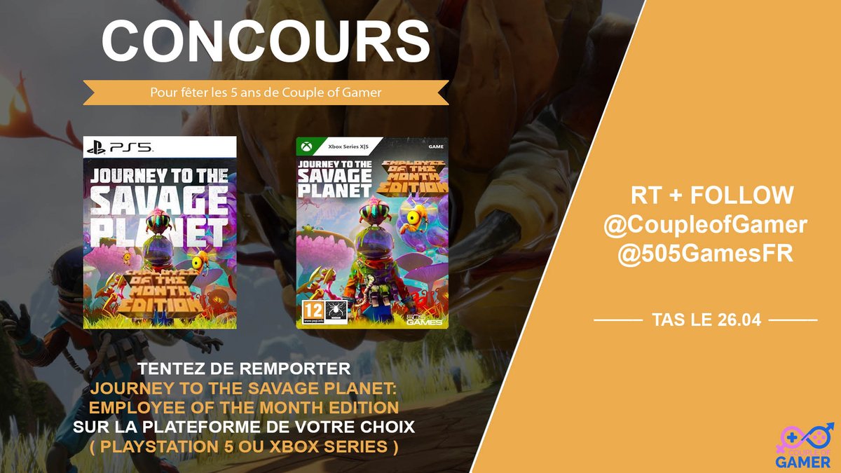 CoupleOfGamer's tweet photo. #Concours 
A l'occasion de notre 5e anniversaire  

On vous fait gagner Journey to the Savage Planet: Employee of the Month Edition sur #XboxSeries et #PlayStation5 

Pour participer  
RT + Follow + Plateforme
@CoupleOfGamer 
@505GamesFR 

TAS le 26/04  

🍀Bonne chance🍀

#CoG https://t.co/eprhgA7kEu