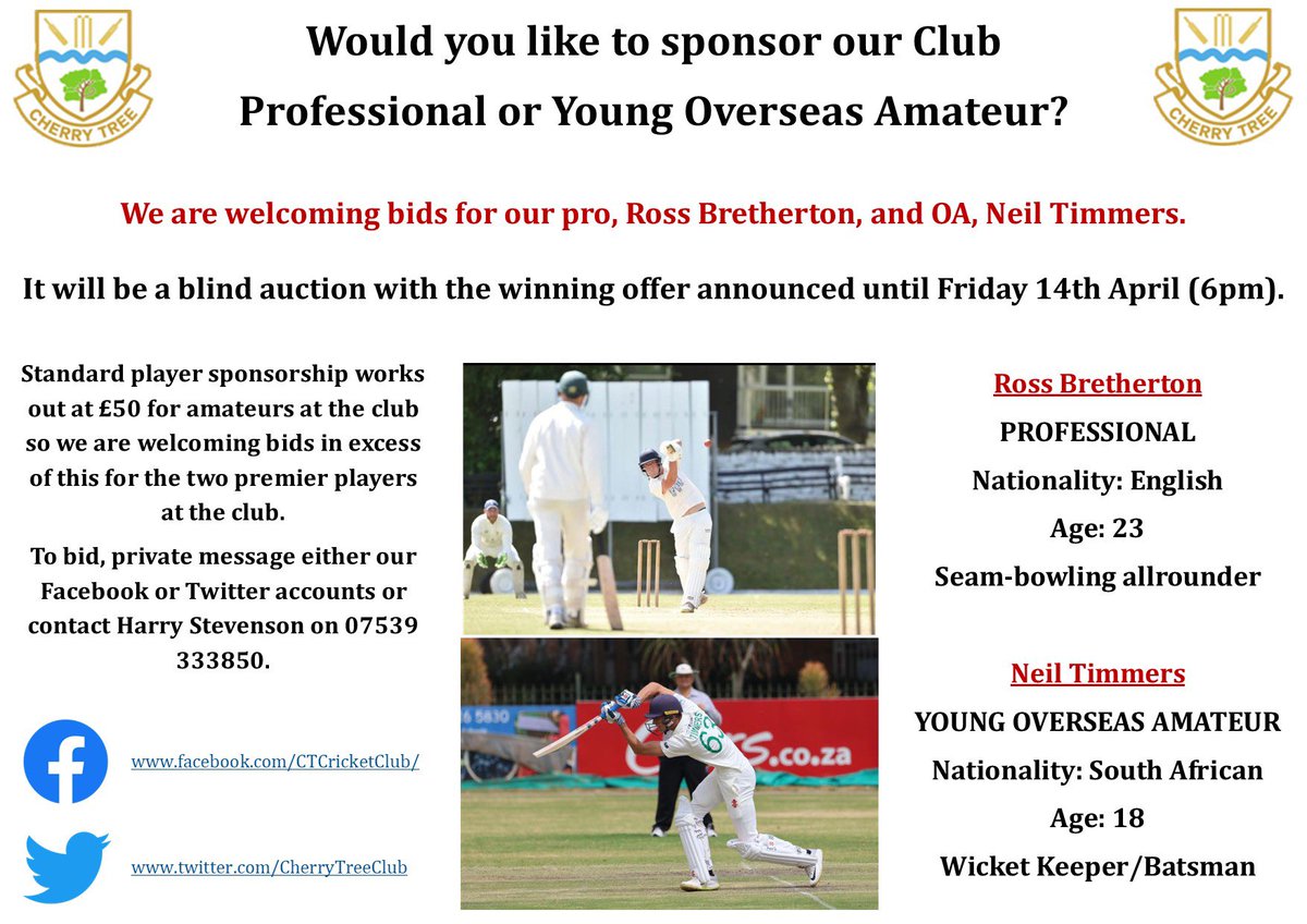 CherryTreeClub's tweet photo. Player sponsorship for Professional and Overseas Amateur

JUST UNDER 5HRS LEFT TO BID

Would you like your name or business associated with our Professional our Young Overseas Amateur? 
If so, you can bid to be the sponsor for either Club Pro, Ross Bretherton or OA, Neil Timmers. https://t.co/0FSaPnVTDE