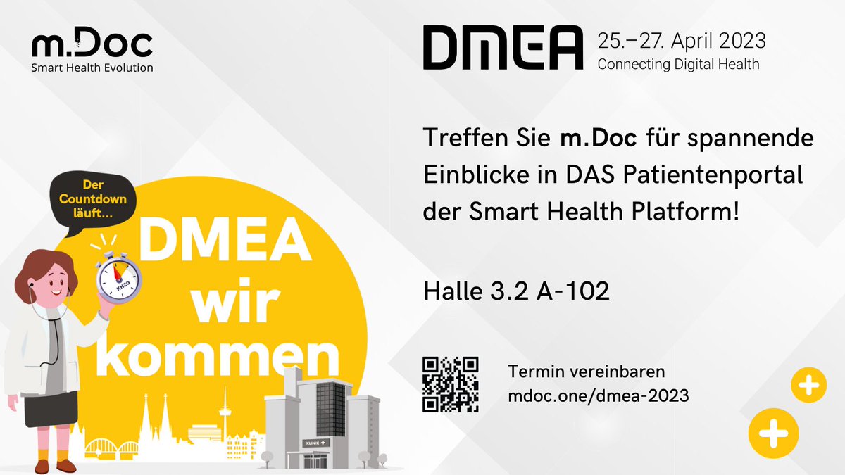 _DMEA's tweet photo. Die @mdoc_gmbh aus Köln ist einer der 700 Aussteller auf der #DMEA23. Das Unternehmen hat die #SmartHealthPlatform als Basis zukunftsweisender smarter Lösungen wie dem #Patientenportal entwickelt. ➡️ https://t.co/dNSexPWBg6 ⬅️ #KHZG https://t.co/QD9AJa6gdD