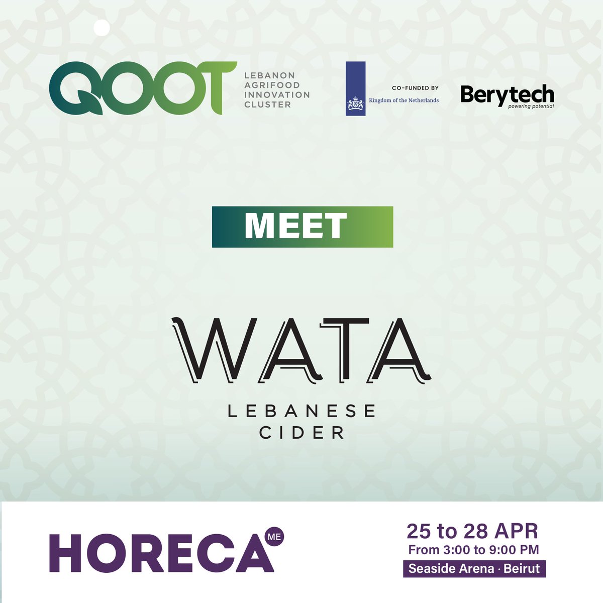 Pass by the QOOT Cluster’s booth at the HORECA exhibition to meet our member WATA Cider and discover their products. 
Book your calendars and join us April 25 – 28 from 3 to 9 pm at the Seaside Arena, Beirut.

qoot.org/qoot-cluster-s…

@HorecaConnects #HORECALebanon #QOOTinHORECA