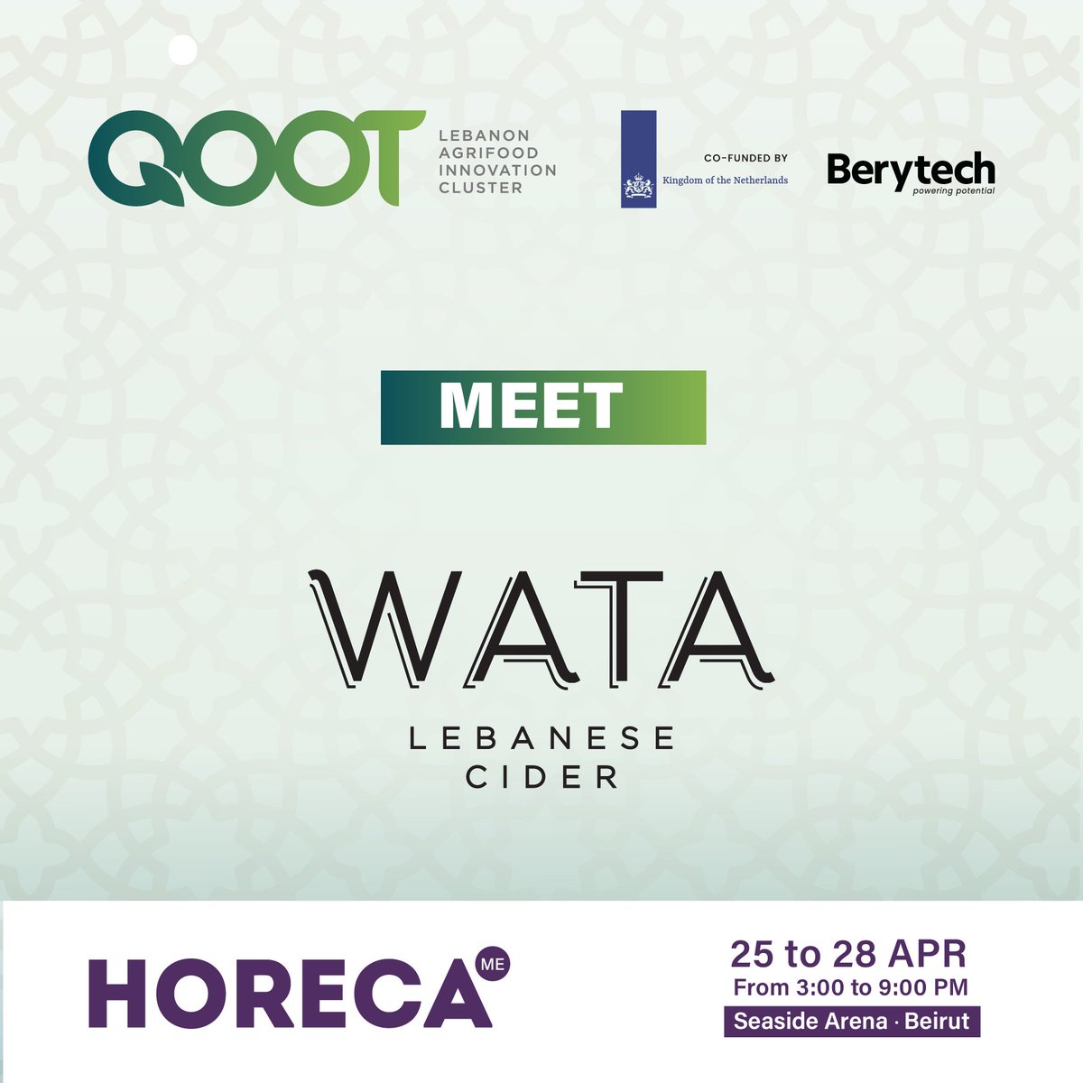 QOOTCluster's tweet image. Pass by the QOOT Cluster’s booth at the HORECA exhibition to meet our member WATA Cider and discover their products. 
Book your calendars and join us April 25 – 28 from 3 to 9 pm at the Seaside Arena, Beirut.

qoot.org/qoot-cluster-s…

@HorecaConnects #HORECALebanon #QOOTinHORECA