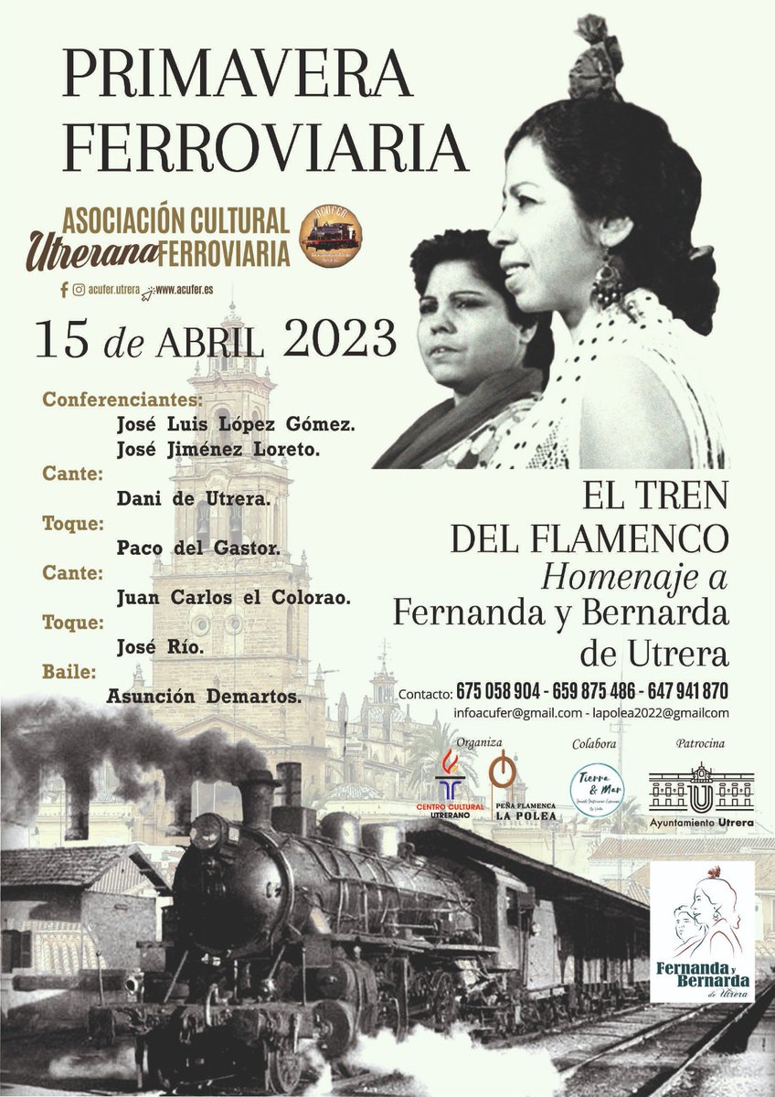 La Asociación Cultural Utrerana Ferroviaria, junto con el Centro Cultural Utrerano y la peña flamenca ‘La poleá’ de Sevilla, pone en marcha "El tren del flamenco" que rendirá tributo a Fernanda y Bernarda este sábado 15 de abril.

Toda la información y las actividades, aquí 👇🏻