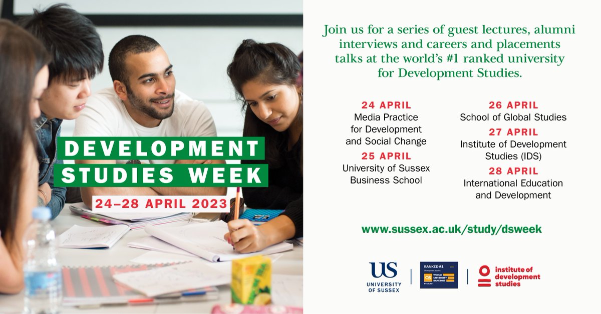 SussexUBusiness's tweet photo. With @SussexUni once again ranked 1st in the world for Development Studies (QS World University Rankings by Subject 2023), join us during Development Studies Week for an exciting introduction to postgraduate development studies at Sussex.

Find out more: https://t.co/ih4qDXGJFL https://t.co/WmawMs97c3