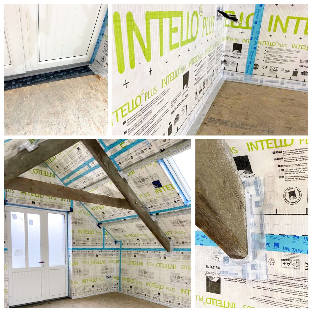 ecologicalbuild's tweet photo. A recent barn conversion from Cork. #IntelloPlus overlaps sealed using @proclima #UniTape, an easy-to-tear #airtight sealing tape with a stiff paper-based composition. This can be folded to form precise 90° corners, making it ideal for the junctions seen here. 📷 by Brian Leahy https://t.co/lzzcnIRcUB