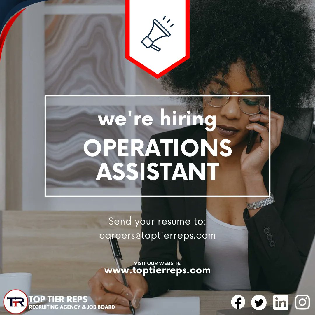 Join Our Team! 🚀 We're Hiring for:
-Operations Assistant 
If you are ready to take your career to the next level and make a meaningful contribution to our team, APPLY NOW!
careers@toptierreps.com 
#recruitmentmadeeasy #Recruitments #recruitmentjob #recruitmentcareer