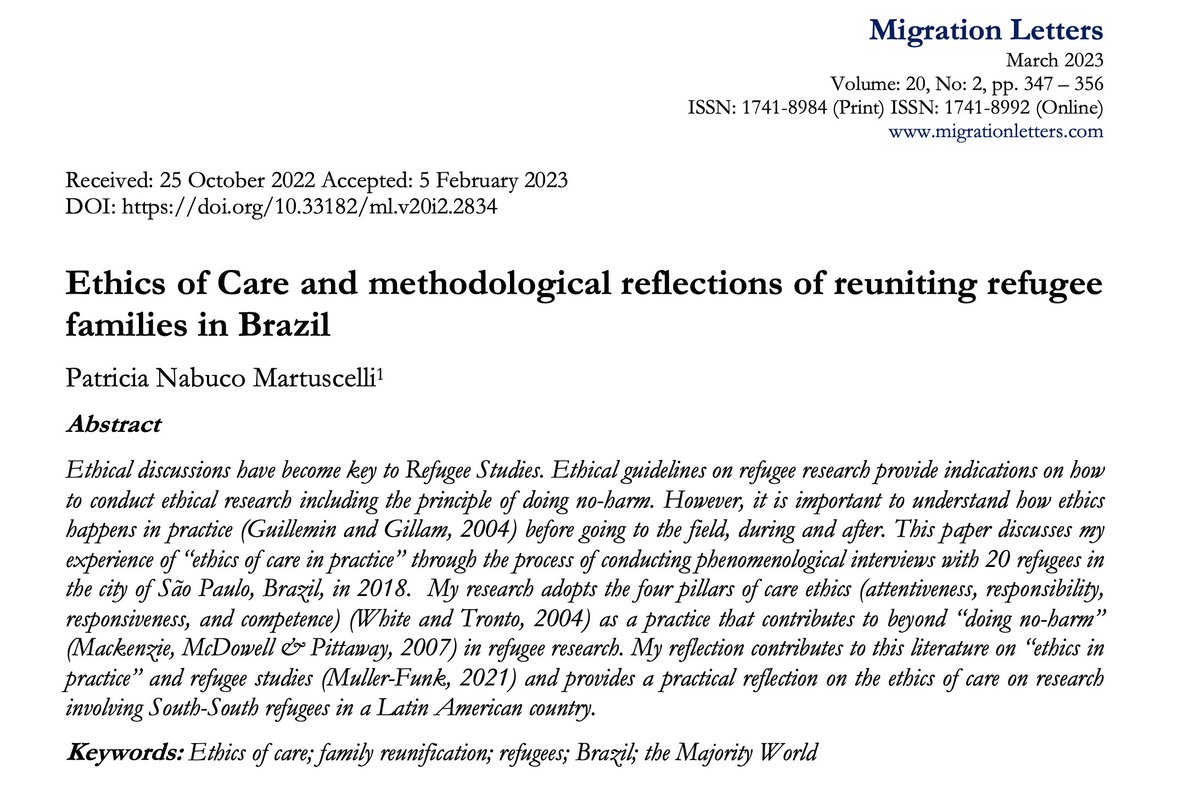 Patnabuco's tweet image. 📢📢📢📢 My paper &quot;Ethics of Care and methodological reflections of reuniting refugee families in Brazil&quot; is out...

@MarciaVeraE and organised this SI with incredible female researchers from Latin America

You can see all OA papers here:
migrationletters.com/ml/issue/view/…