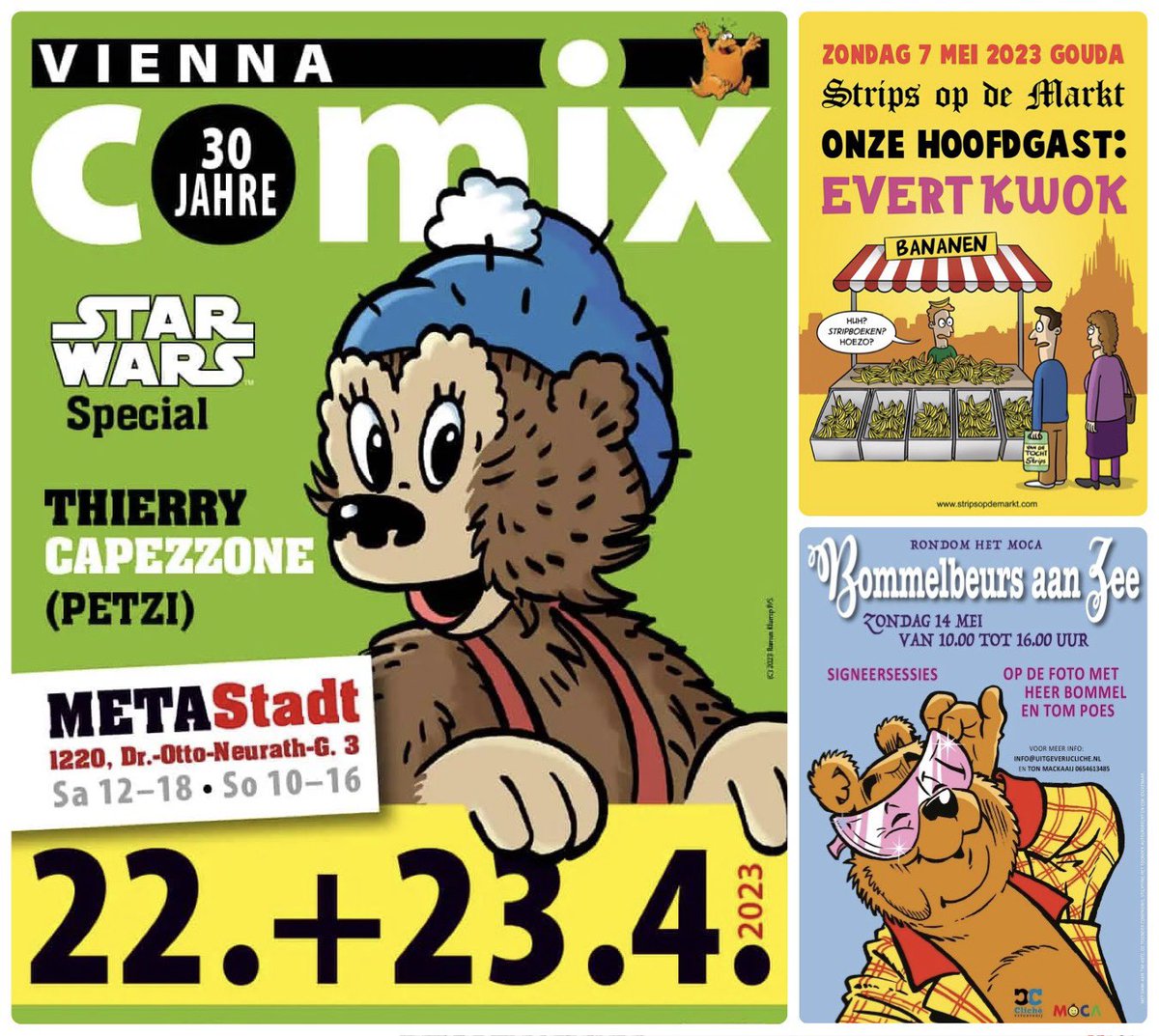Upcoming events!

Sat 22 and Sun 23rd April I will be back at <a href="/ViennaComix/">Vienna COMIX</a> in Vienna, Austria!

Sun May 7th I’ll be signing at Uitgeverij Cliché at the comic market in Gouda, <a href="/StripsopdeMarkt/">Strips op de Markt Gouda</a>.

Sun May 14th I’ll be at the Bommel market around the Museum of Comic Art in Noordwijk.
