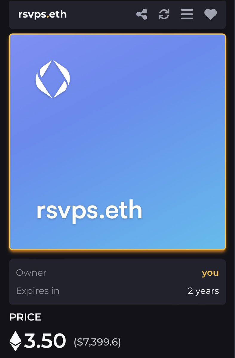 OfficialEthNerd's tweet photo. Listed for 3 days. #ens #rsvps @mhiggins #ensdomains 👏😻 https://t.co/998jKqvZ2N