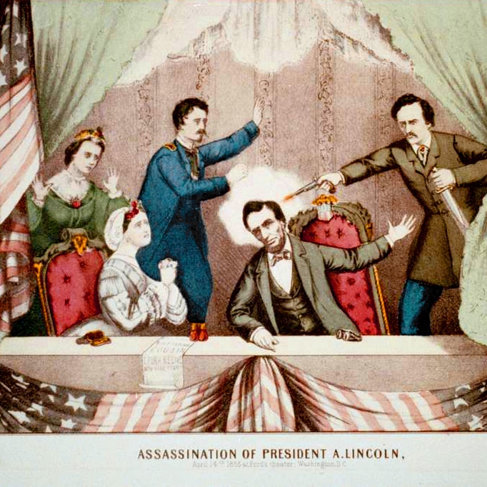 #OTD Apr. 14,1865 #AbeLincoln was assassinated by the dastardly villain #JohnWilkesBooth. He was attending #OurAmericanCousin in #FordsTheatre w/ Mary. Booth opened the door &amp;fired a shot. He then leaped onto the stage &amp;made his escape. #Lincoln was carried to the Petersen house.