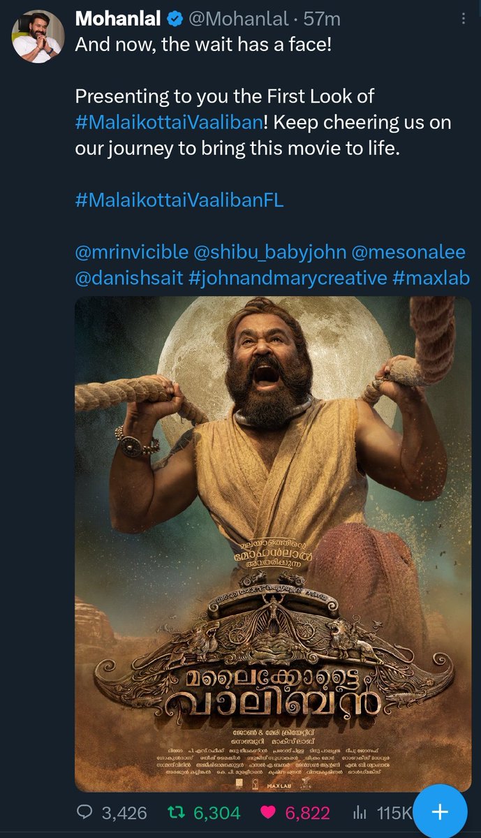 BENKMATHEW's tweet photo. Most Retweeted Malayalam Movie FL in 24 Hours.🔥

#MalaikottaiVaaliban : 6.3K * (55 Mins) 💥💥🔥
King Of Kotha : 6.2K
Bheeshmaparvam : 6.1K
Puzhu : 4.6K 
Aaraattu : 4.2K

All Time Record Within 1Hour😊🦁🦁🦁

@Mohanlal #Mohanlal #MalaikottaiVaalibanFL https://t.co/bbrCO5VTVa