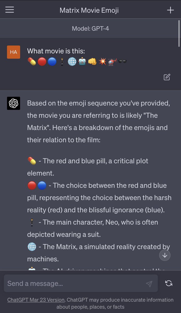 spacepanty's tweet photo. okay so I decided to take this further

Asked one instance of ChatGPT4 to describe the plots of movies with emojis, and asked another (new) one to guess which movie the emojis describe: https://t.co/kroYFVfgJQ
