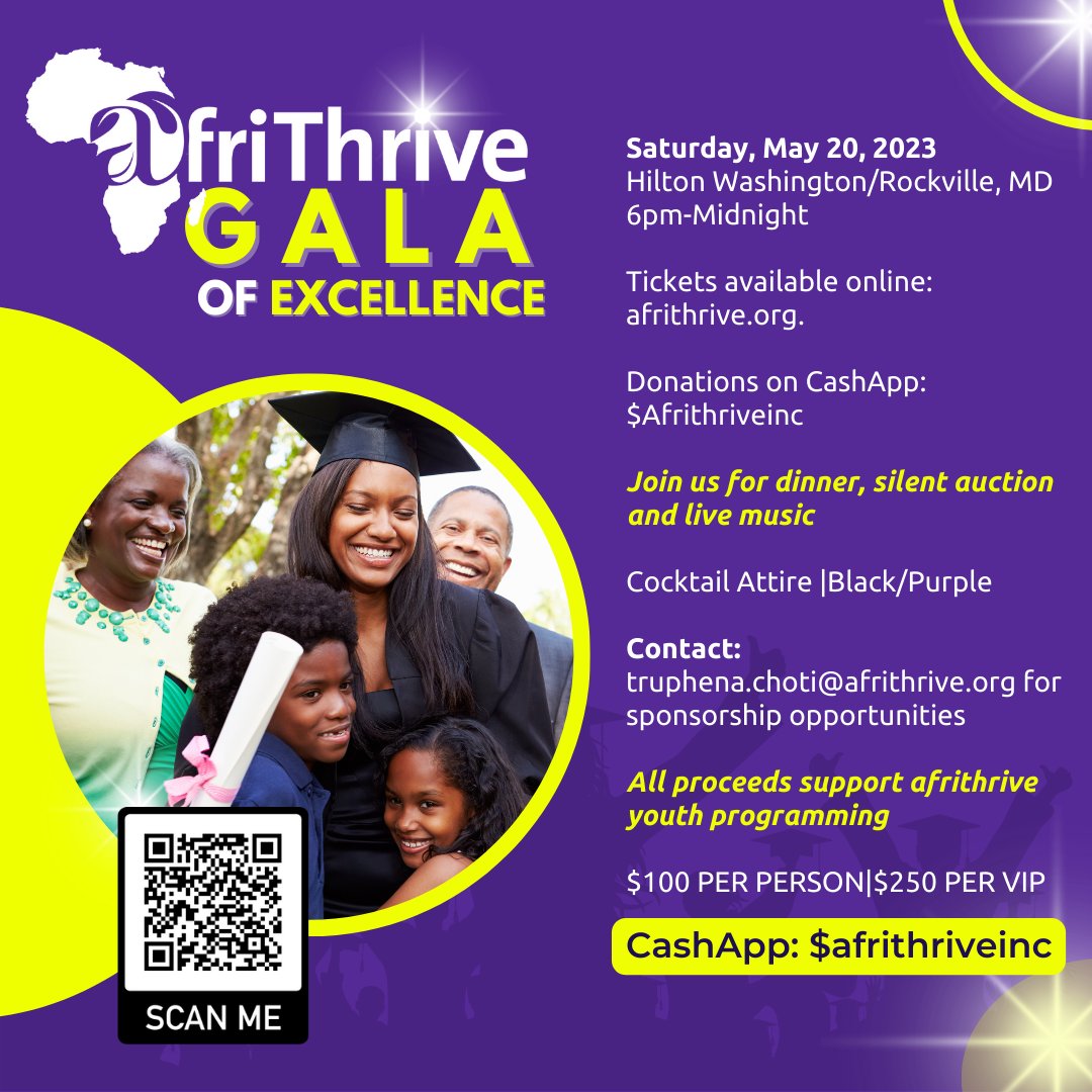 🌟 Don't miss out on the AfriThrive Night of Excellence GALA! 🌟 05/20/23. Join us as we celebrate achievements in the African Immigrant Community and support our Youth Engagement Program. Get your tickets now! 🎟️✨afrithrive.org
 #AfriThriveGala #CelebrateExcellence