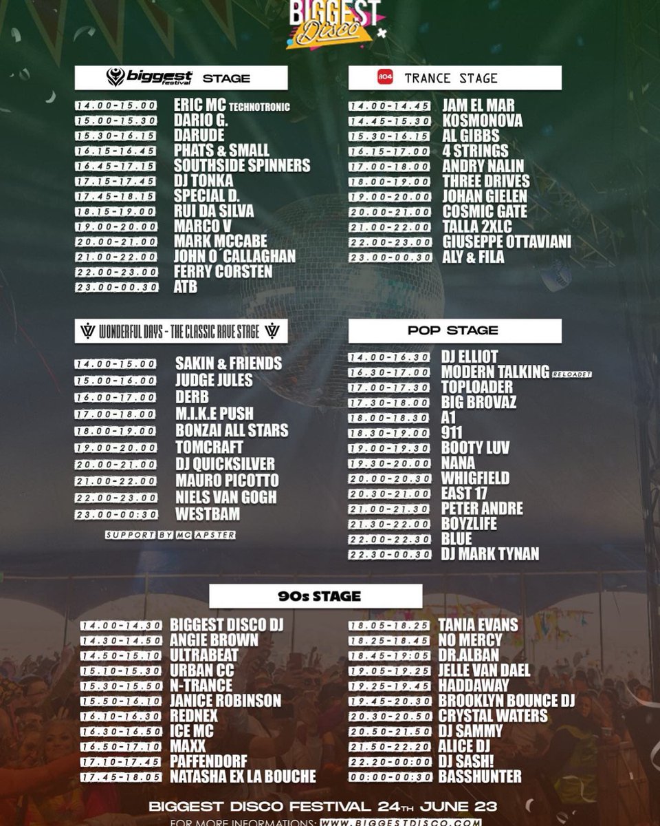 Full running order for Biggest disco festival on 24th June 2023 More info : biggestdisco.com
