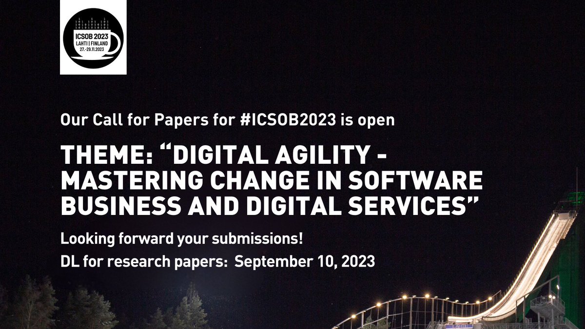 Our #CallForPaper for #ICSOB2023 is now published! Our this years theme is Digital Agility: Mastering Change in Software Business and Digital Services 💎 Best papers are invited for special journal issue in Information and Software Technology. Read more lut.fi/en/icsob2023/c… ✨