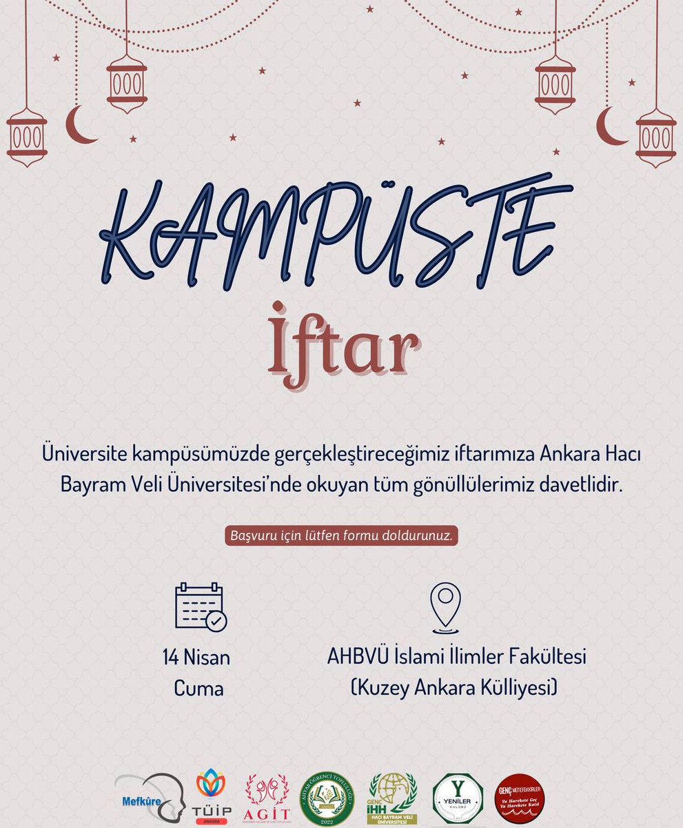 Üniversite kampüsümüzde gerçekleştireceğimiz iftarımıza Ankara Hacı Bayram Veli Üniversitesi’nde okuyan tüm gönüllülerimiz davetlidir.

📅 14 Nisan Cuma
📍 AHBVÜ İslami İlimler Fakültesi (Kuzey Ankara Kampüsü)

📌Başvuru için lütfen formu doldurunuz. 
forms.gle/c7PfQe7wx83FxL…