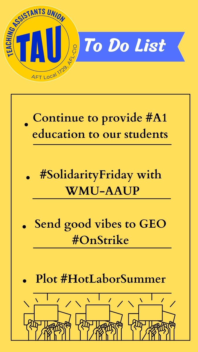 Just woke up and thought we would check the to do list. 🗒️

Looks like we’re spending the afternoon with <a href="/WMUAAUP/">WMU-AAUP</a> to discuss shared concerns and strengthen our alliance. 

Then we need to send <a href="/geo3550/">Grad Employees' Org UMich</a> some good strike vibes as they continue to fight for what they deserve. ✊🏿✊🏻✊🏾