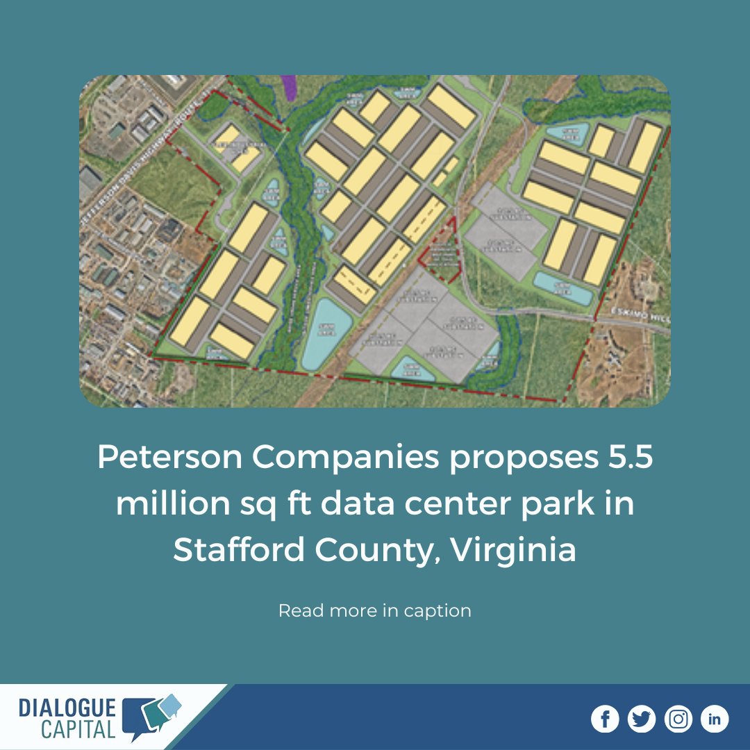 DialogueCapital's tweet image. A company affiliated with US real estate firm Peterson is aiming to develop a massive data center campus outside Fredericksburg in Virginia’s Stafford County.
Read more - bit.ly/41ezBkS
#Realestate #Intrastructure