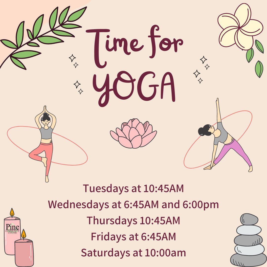 pinecommcenter's tweet image. At the PCC we offer many different times and days for you to take a yoga class! Yoga is a great way to improve strength, balance, and flexibility. It's also great for your mental and emotional health 🤗 Modifications are always offered for each of our fitness classes.