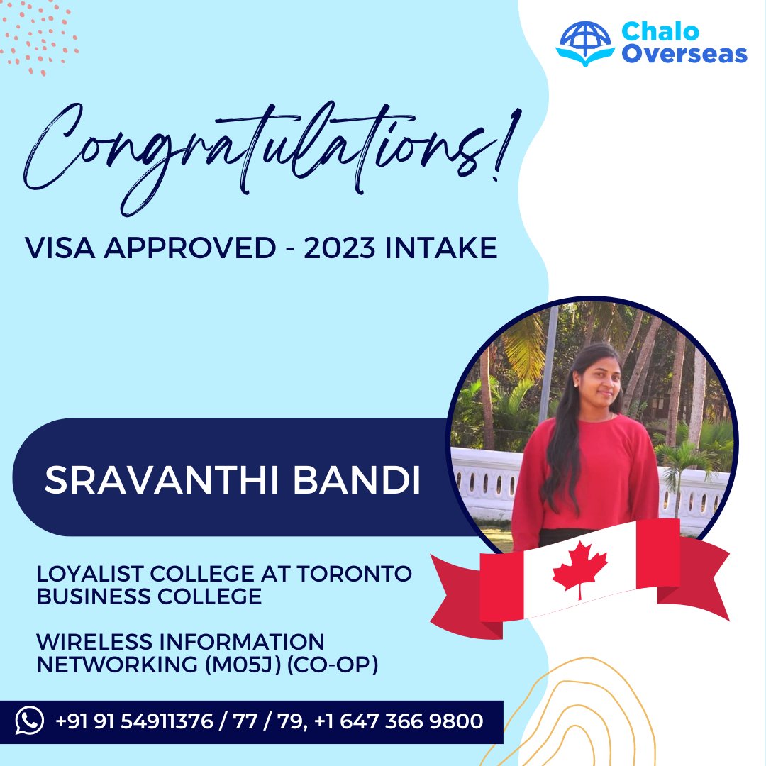 chalooverseas's tweet photo. Congratulations Sravanthi Bandi 🎉 
We wish you all the very best for your bright future👍

#canada #canadavisa #visa #visaapplication #visaapproved #studyincanada #educationabroad #explore #canadian https://t.co/7hE3IAkP7q
