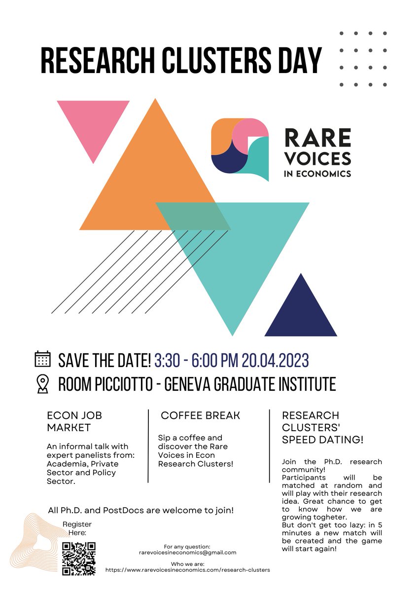 Join us on April 20th from 3:30 PM to 6PM for Research Clusters Day at <a href="/GVAGrad/">Geneva Graduate Institute</a>! Connect with fellow junior researchers, discover new ideas, and gain job market insights from our expert panel. 
Book now! docs.google.com/forms/d/e/1FAI…
More info on our website: rarevoicesineconomics.com/researchcluste…