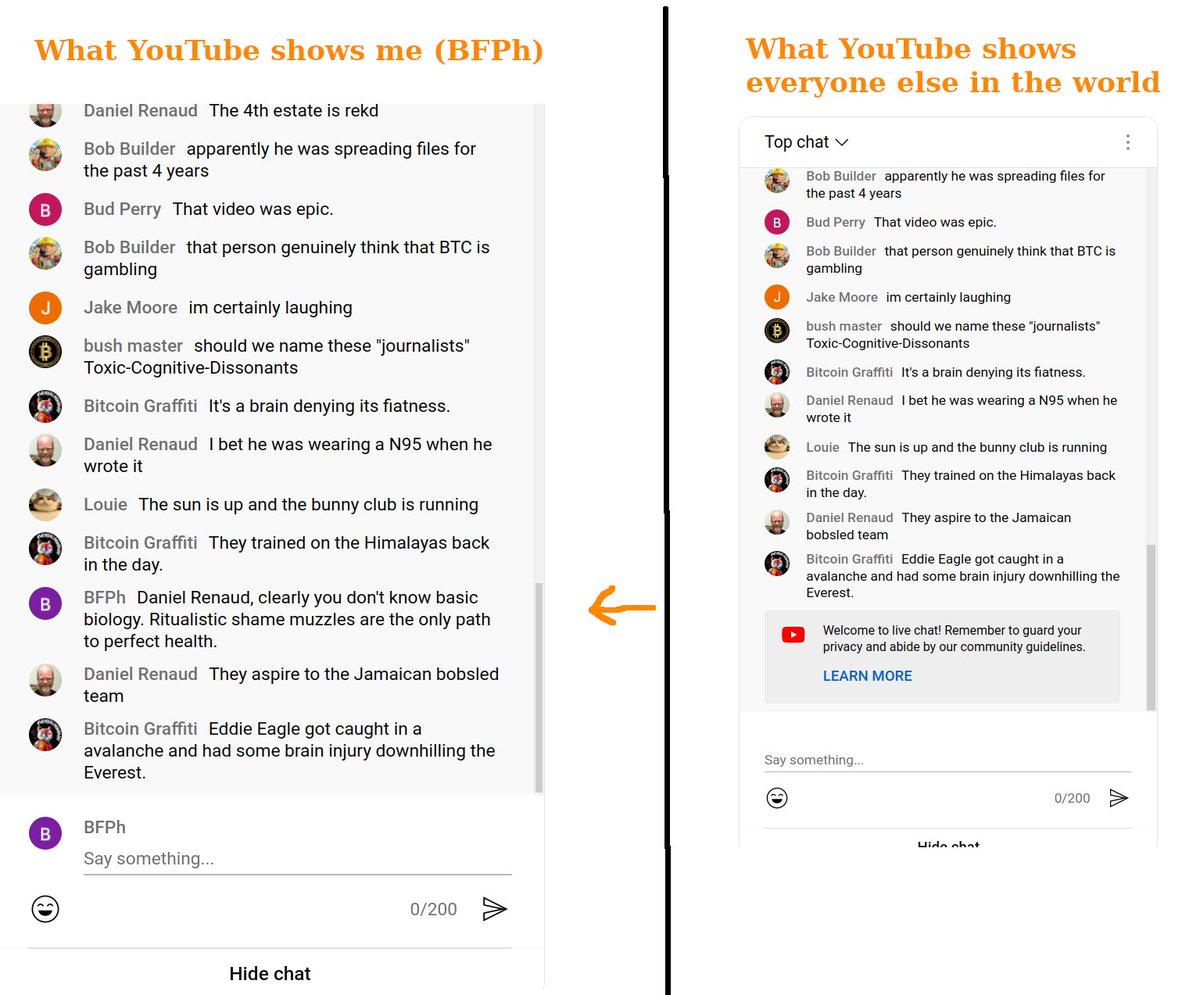 BTCavior's tweet photo. Current example of #YouTube #Shadowbanned chat comment (on Nolan's livestream https://t.co/mBRjIeXV1i) @countbtc https://t.co/zed54Nr01D