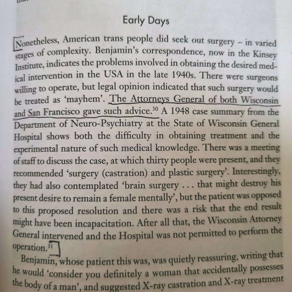 GBBranstetter's tweet photo. Thinking again of this 1948 case where a trans women requested a vaginoplasty from a Wisconsin hospital, but the state's Attorney General stepped in to stop it so the doctors simply offered her a lobotomy instead https://t.co/4wjBNBK2oD