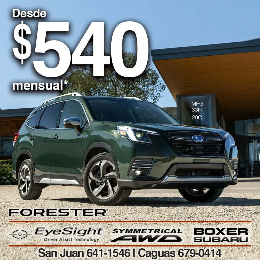 SubaruPRico's tweet photo. Desde $540 mens.* ¡Apúrate!

Esta promoción es válida hasta mañana, sábado 15 de abril ⏱️ 

SUBARU FORESTER 2023

SUBARU 🇵🇷
✨ San Juan | 787-641-1546
✨ Caguas | 787-679-0414

*https://t.co/9xt5lBQ1vd

#DriveYourEmotion #believe https://t.co/1mGRrOiQIG