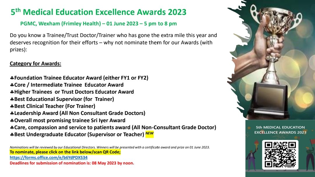FhftMedical's tweet photo. Do you know a Trainee/Trust Doctor/Trainer who has gone the extra mile this year and deserves recognition for their efforts – why not nominate them for our Awards ?
To nominate, please click on the link below/scan QR Code; https://t.co/Rs9Duo7RPn
Closing date :8 May 2023 by noon https://t.co/NzykYrJ4zR