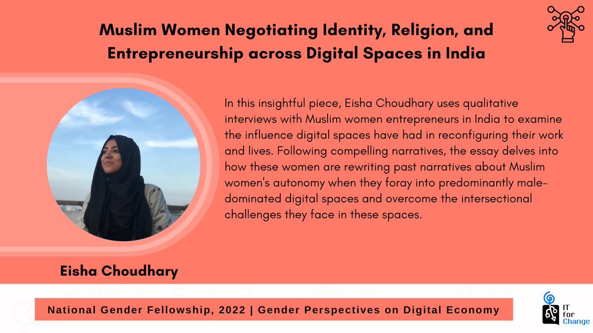 ITforChange's tweet photo. 💡Spotlight on our #NationalGenderFellowship, 2022 recipients:
Eisha Choudhary (@eishachoudhry), PhD, researched the intersections of work, gender, faith and identity on entrepreneurship for Muslim women in India.
Read their essay here: https://t.co/WNwbXdJ5a1 https://t.co/AYsmodwCwf