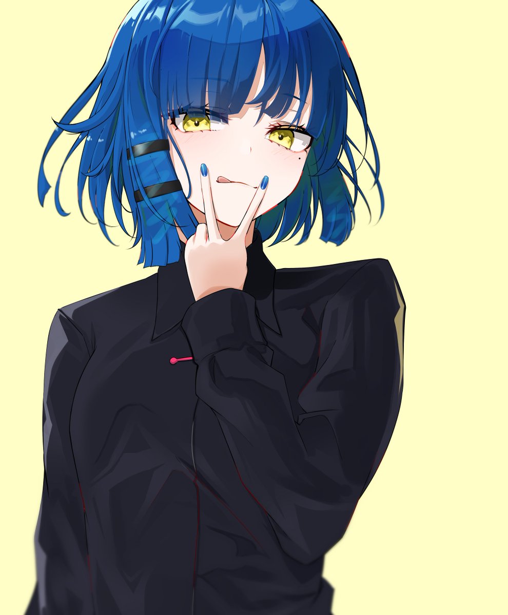 1girl solo blue hair mole under eye yellow eyes tongue mole  illustration images