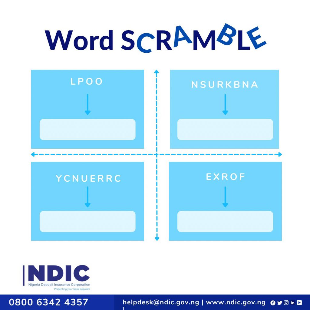 NDICNigeria's tweet photo. It’s Friday. Why don’t you wake ur brain up. Let’s see if you can unscramble the words #ndicnigeria #wordscrabble https://t.co/m9kX550JlZ