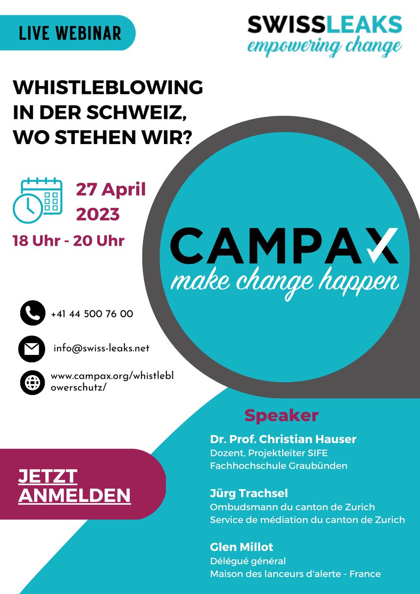Drei Gäste, ein gemeinsamer Nenner. Am Donnerstag, 27. April 2023, wollen wir gemeinsam mit Dir diskutieren, wie es mit Whistleblowing in der Schweiz aussieht! Wo stehen wir und was können/müssen wir noch tun? Bist Du dabei? ow.ly/HvvQ50NJ7W8