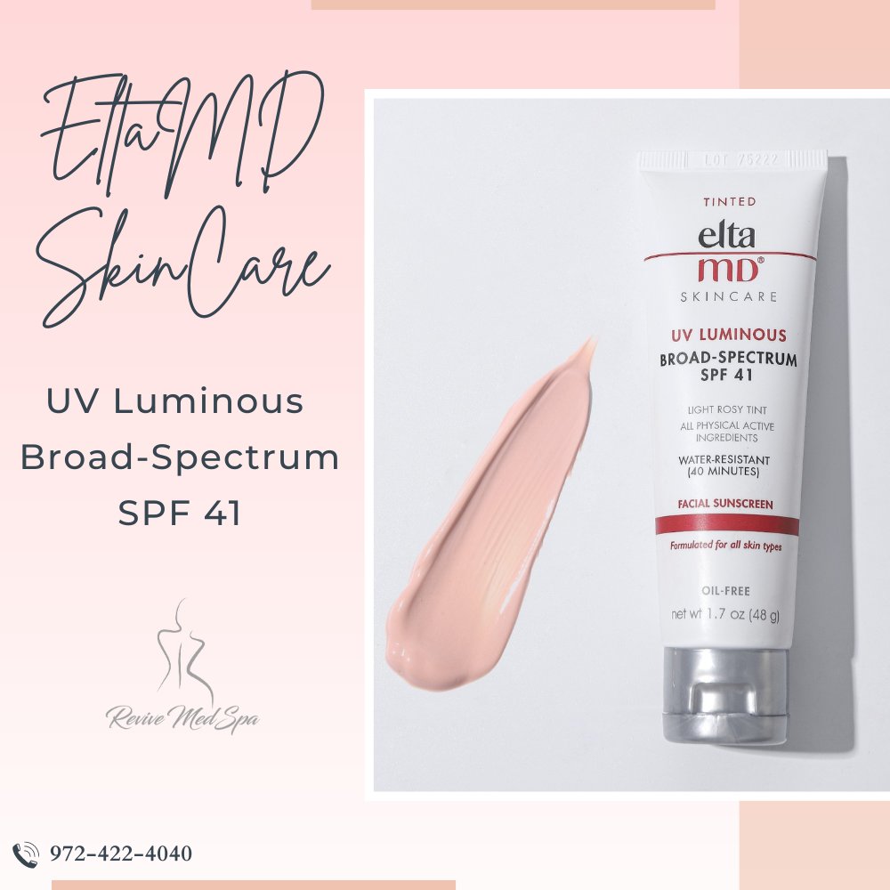 Revive Med Spa’s UV Luminous Broad Spectrum SPF 41 sunscreen offers comprehensive protection against the sun's harmful rays and scorching heat. 
Contact Us: 972-422-4040

#ReviveMedSpa #hydratingcreme #dehydratedfacial #chemicalexfoliation #blemishproneskin
#fallskincare