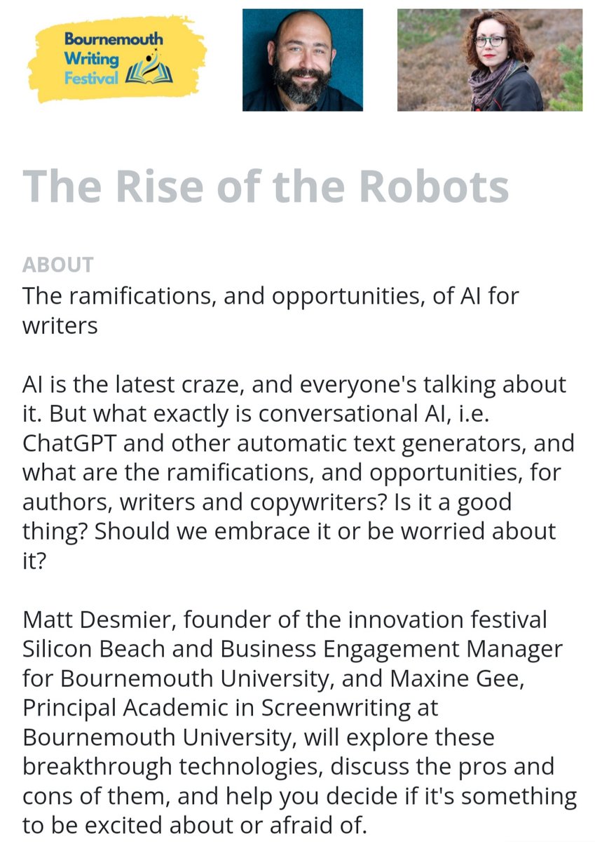 MaxGee1284's tweet image. Next Friday ,21st April, 3.30pm, I&apos;m giving an interactive talk, with @mattdesmier on the creative collaborative potential of A.I. /algorithm generators for writers @BmthWritingFest you can book at ticket here: trybooking.com/uk/events/land…
#bournemouthwritingfestival