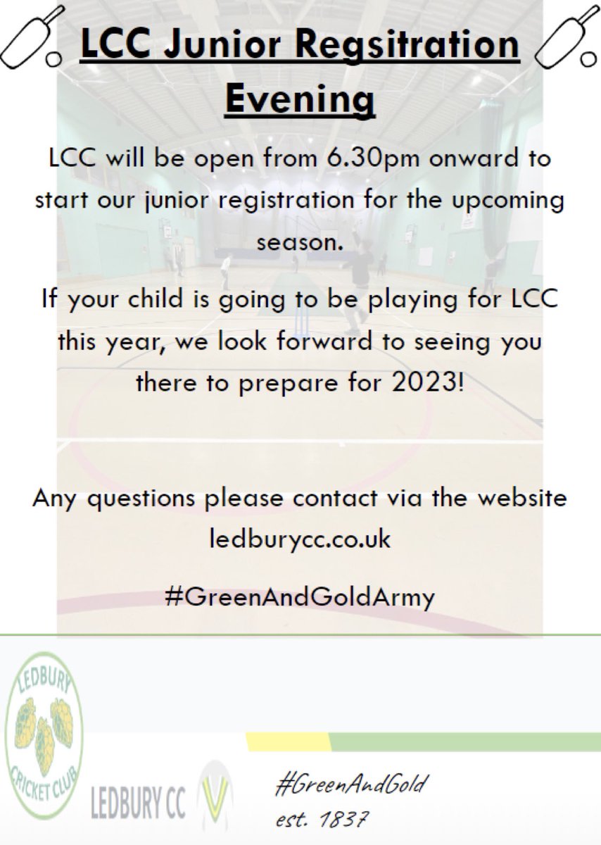 🏏🏏🏏28th April 2022🏏🏏🏏

Looking forward to seeing as many Green and Gold youngsters ready for what is to be another amazing season! 

🟢🟡🏏🟡🟢🟡🏏🟡🟢
#greenandgoldarmy🔰