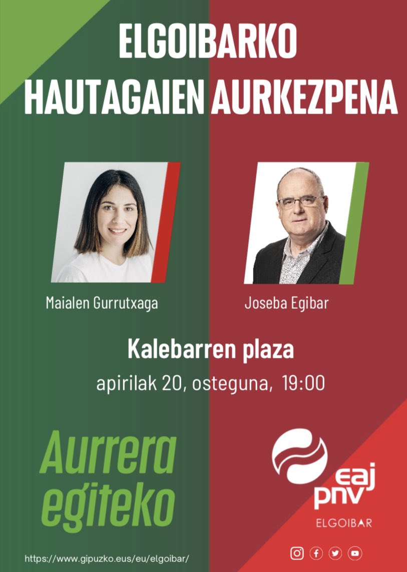 💪🏻 𝗛𝗔𝗨𝗧𝗔𝗚𝗔𝗜𝗧𝗭𝗔 𝗢𝗦𝗢𝗔𝗥𝗘𝗡 𝗔𝗨𝗥𝗞𝗘𝗭𝗣𝗘𝗡𝗔

#EAJPNV -k udal hauteskundeetara aurkezten dugun taldearen agerraldia 𝘈𝘱𝘪𝘳𝘪𝘭𝘢𝘳𝘦𝘯 20an, #KalebarrenPlazan 📍

🕡 19:00etan bertan ikusiko zaituztegulakoan!!!