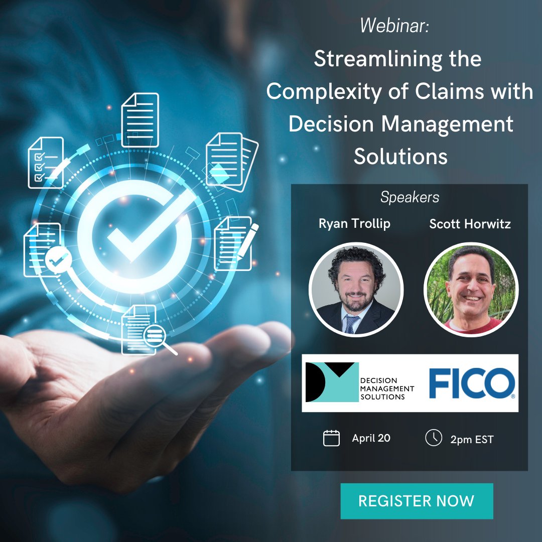 We would like to invite you to an upcoming webinar where Ryan will be engaging with Scott Horwitz, Sr. Principal Consultant at FICO. In this session, they'll be looking at how insurance providers can streamline the complexity of claims. Register here: ow.ly/YO7k50NJ5nL