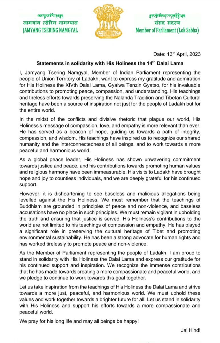 jtnladakh's tweet photo. Statements in solidarity with His Holiness the 14th @DalaiLama Gyalwa Tenzin Gyatso La https://t.co/nJpK0eMJ7m