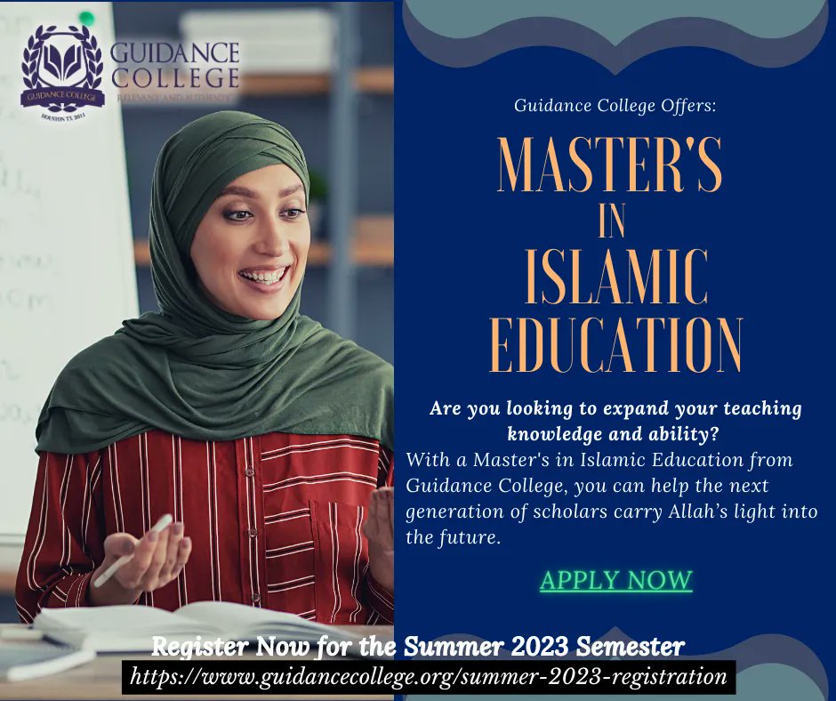 Guidance College Offers: Master's in Islamic Education

APPLY NOW: buff.ly/31Iehvj 

#islamiceducation #islamic #muslim #education #muslimhomeschool #deen #islamicstudies #islamicknowledge #muslimmom #islamiclearning #returningcitizens #guidancecollege #masters #phd