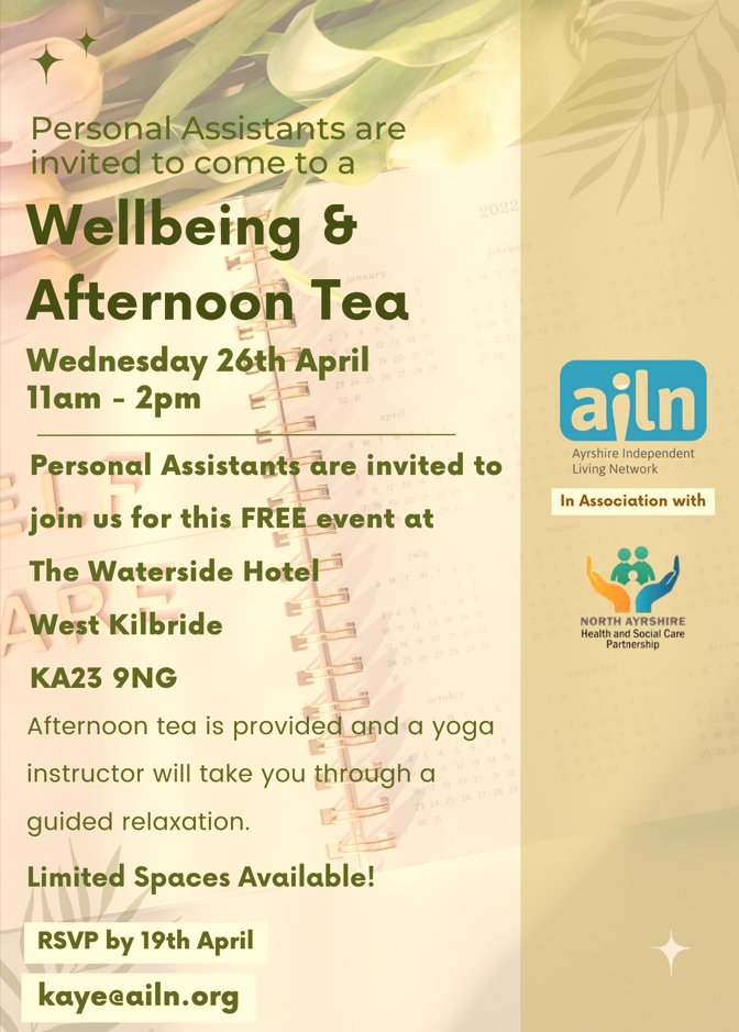North Ayrshire Personal Assistants, you are invited to come along for a free wellbeing and afternoon tea at The Waterside, West Kilbride KA23 9NG. You will be able to chat with other Personal assistants, enjoy afternoon tea & relax with some chair yoga & relaxation breathwork.