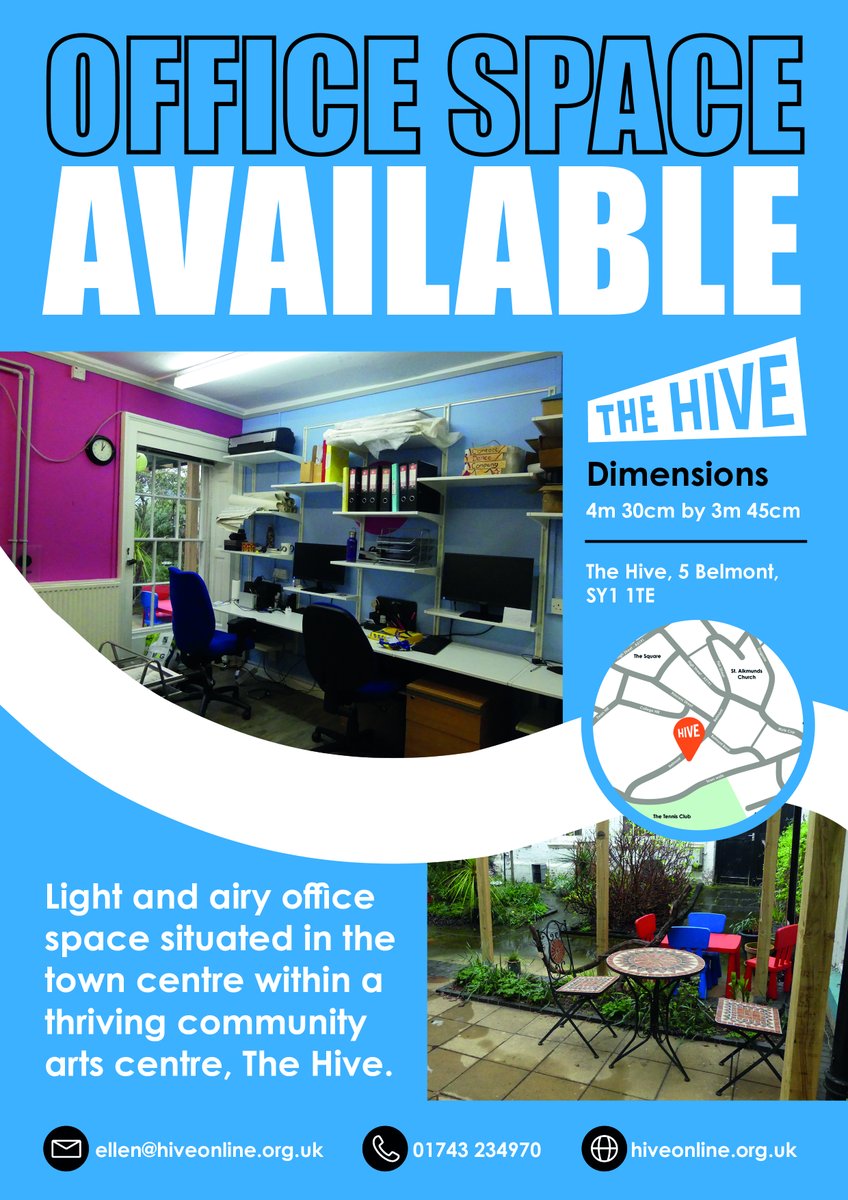 Office space available: - Shrewsbury Town Centre Location - Ground floor - £900 per calendar month - Garden view We are particularly interested in hearing from organisations that have a Wellbeing, Arts or Educational focus. Too know more please email: ellen@hiveonline.org.uk