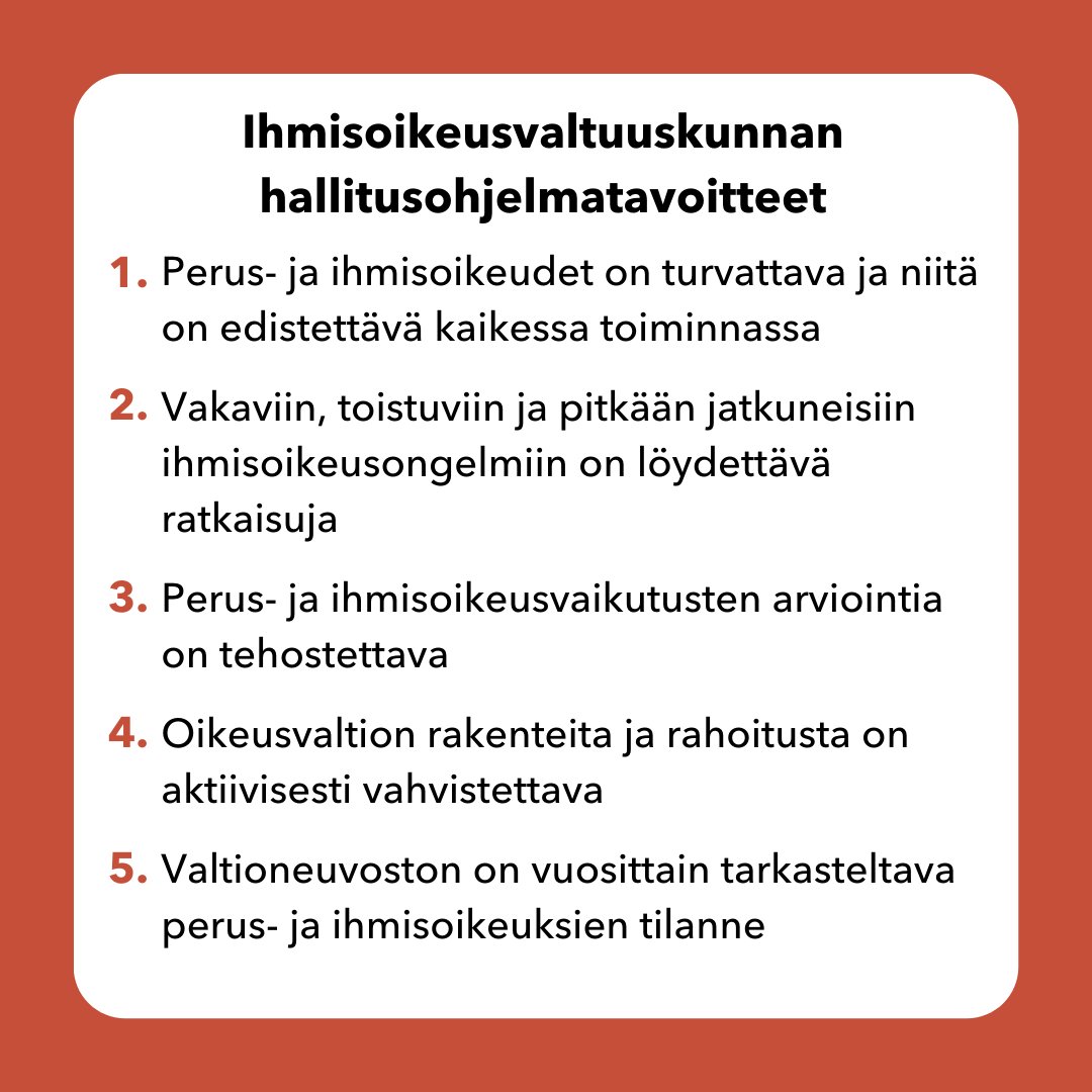 Puolueet miettivät lähipäivinä vastauksia hallitustunnustelukysymyksiin. Ihmisoikeuskeskuksen ihmisoikeusvaltuuskunta painottaa, että hallitusohjelmassa on selkeästi sitouduttava perus- ja ihmisoikeuksien turvaamiseen ja edistämiseen. Lue koko kannanotto: ihmisoikeuskeskus.fi/uutiset/hallit…