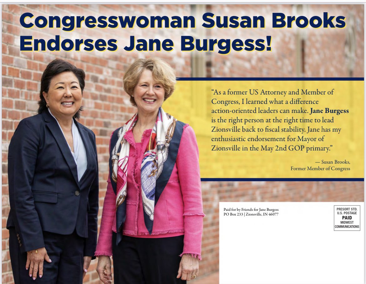 JaneForZville's tweet photo. I am honored to receive the endorsement of former Congresswoman Susan Brooks! Thank you for your trust in me! #janeforzvillemayor #earningyourvote https://t.co/LcKKhiDoIe
