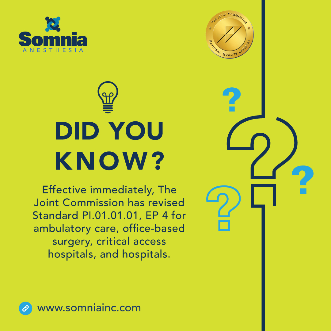 SomniaInc's tweet photo. The Joint Commission has revised this standard for ASCs, OBSFs, and hospitals. Press link to view this latest standard 1015_Prepublication_Report here: https://t.co/qJYGGd4ZeX (https://t.co/YyNloSVbCC) 
#SomniaAnesthesia #AnesthesiaPartner #AnesthesiaService https://t.co/zJSAbsuCF7