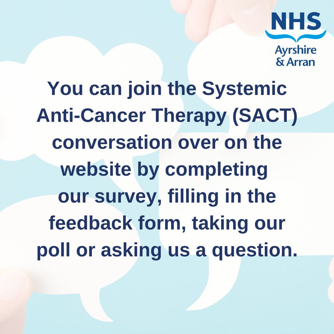 Remember there's still time to participate in our Systemic Anti-Cancer Therapy (SACT) Services public consultation. Please take our survey here: smartsurvey.co.uk/s/SACTSurvey/ or visit our website at jointheconversation-nhsaaa.co.uk/hub-page/sact-… to find more ways to get involved @sahscp @NAHSCP @eahscp