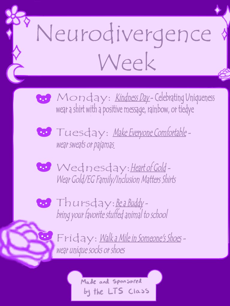 We are having a Neurodivergence Week at <a href="/ElkGrove_HS/">Elk Grove High Sch.</a>  to promote inclusion and celebrate Neurodiversity. Check out our spirit days, and participate in activities designed around empathy and acceptance NEXT WEEK! #EGFamily #WeAreEG #Neurodiversity #EGLegacy