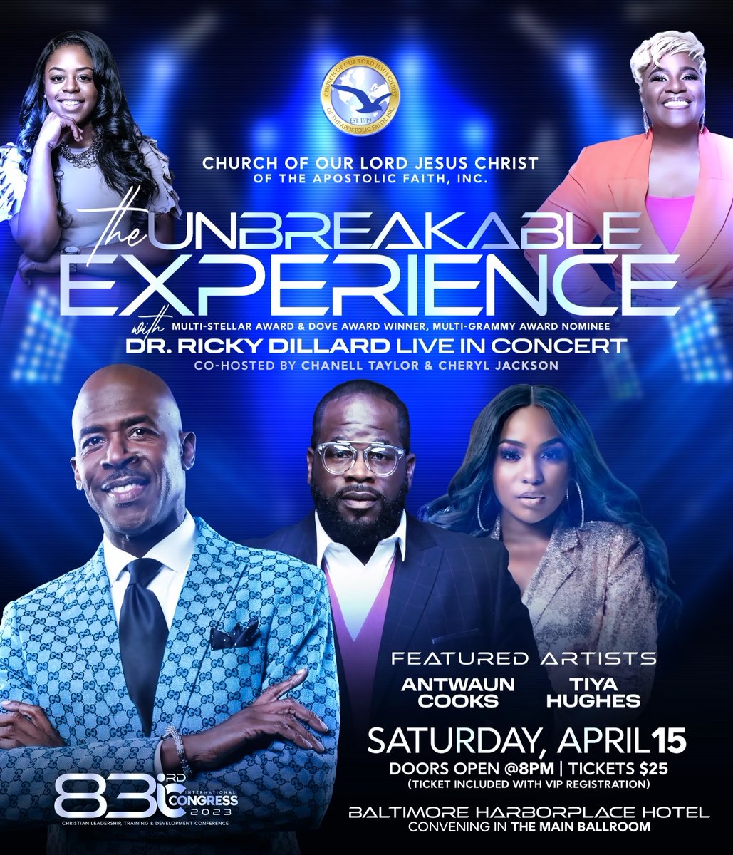 Dr. Ricky Dillard and New G will be live at the 83rd International Congress on tomorrow, April 15th. Please get your tickets before they sell out at icongress.org #COOLJC #iCongress2023

NO VACCINATION REQUIREMENT | MASKS ARE OPTIONAL