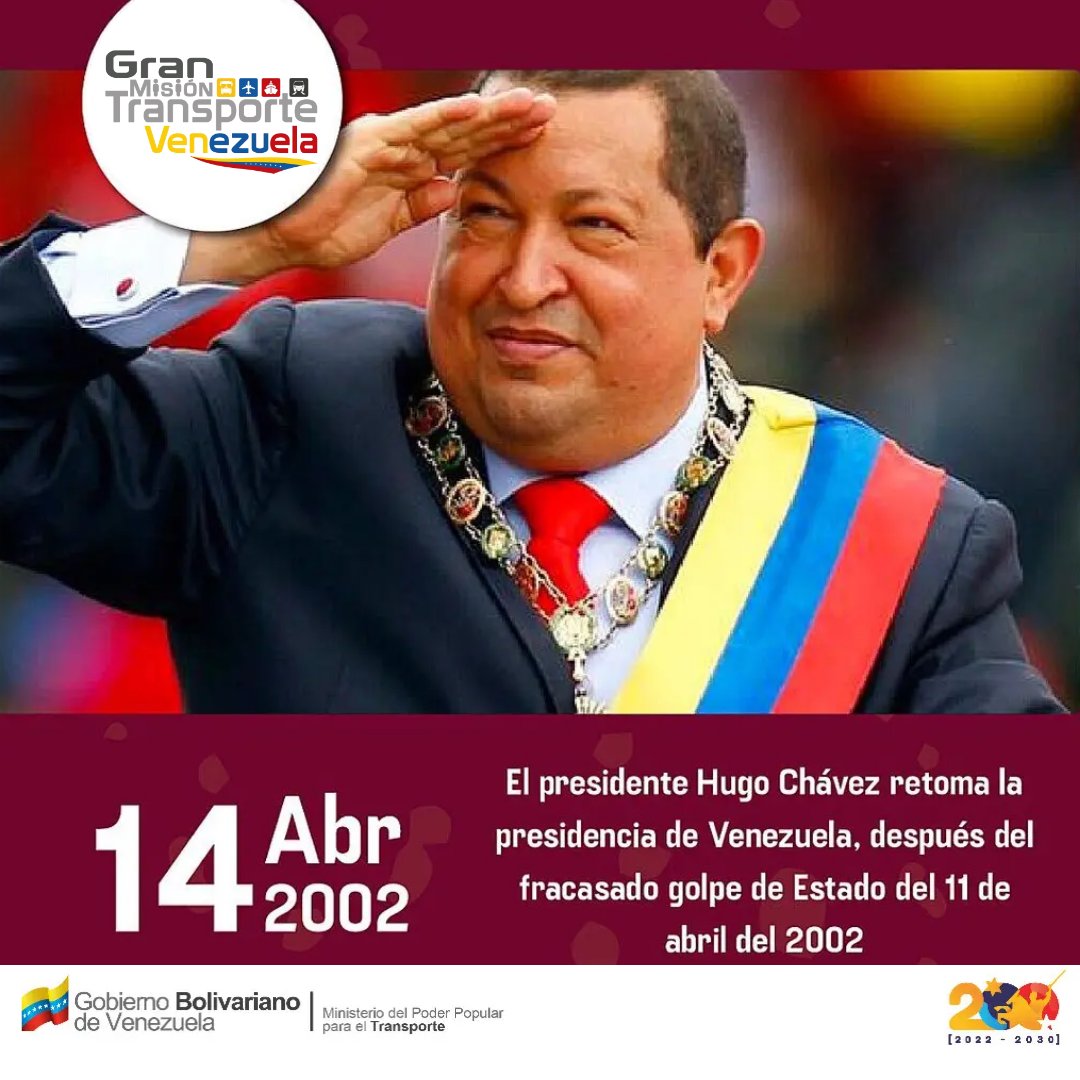 #Efeméride🗓️ Un día como hoy #14Abr El presidente y Cmdte. Supremo Hugo Chávez, retoma la presidencia de Venezuela, después del fracasado golpe de Estado del 11 de abril del 2002, gracias al despertar heroico del pueblo venezolano.
#MaduroLealtadYVictoria