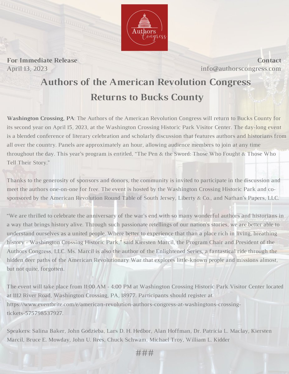 AuthorsCongress (@authorscongress) on Twitter photo PRESS RELEASE: The Authors of the American Revolution Congress Returns to Bucks County April 15 <a href="/WashXingPark/">Washington Crossing Historic Park</a>.
<a href="/mcall/">The Morning Call</a> <a href="/69News/">WFMZ-TV 69News</a> PRESS RELEASE: The Authors of the American Revolution Congress Returns to Bucks County April 15 <a href="/WashXingPark/">Washington Crossing Historic Park</a>.
<a href="/mcall/">The Morning Call</a> <a href="/69News/">WFMZ-TV 69News</a>
